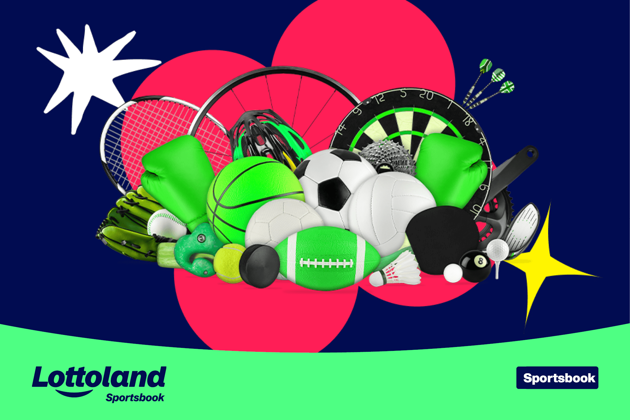 An image of various sports equipment, including tennis, basketball and football, all sorts you can place a correct score bet on.